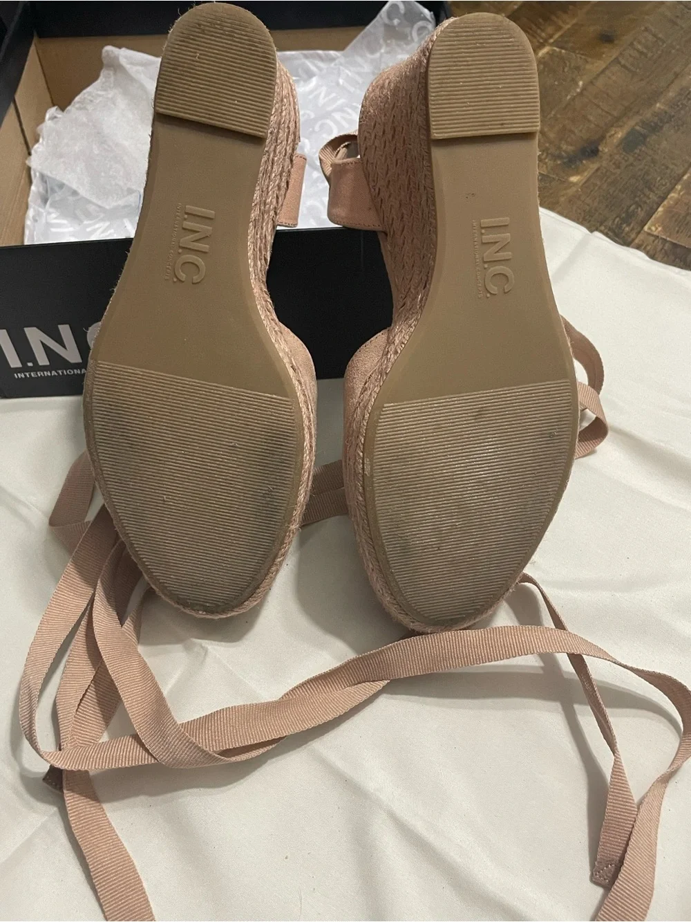 INC International Concepts Dusty Pink Espadrille Wedge Sandals with Ankle Wraps